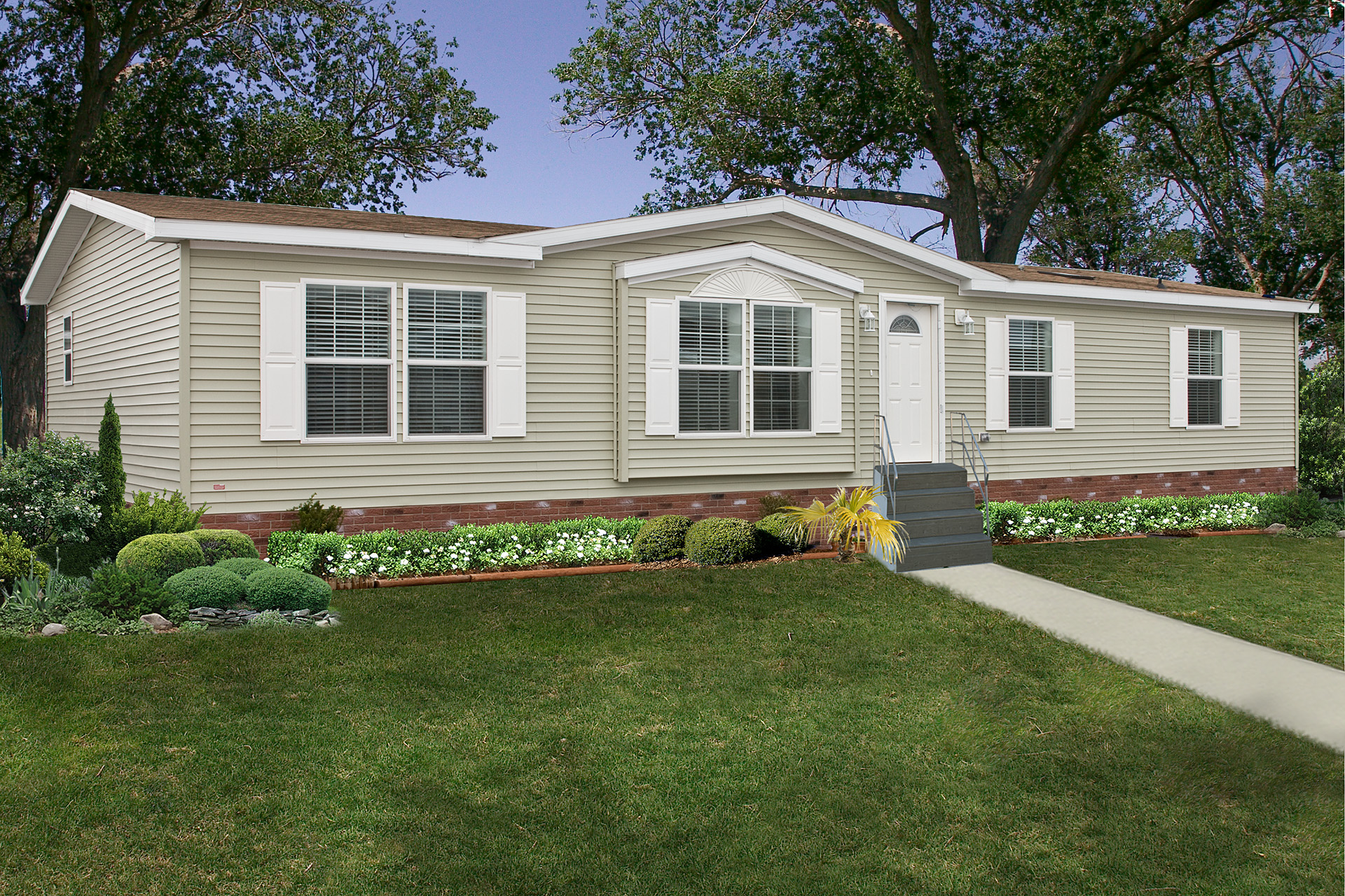 A photo of a single-story manufactured home