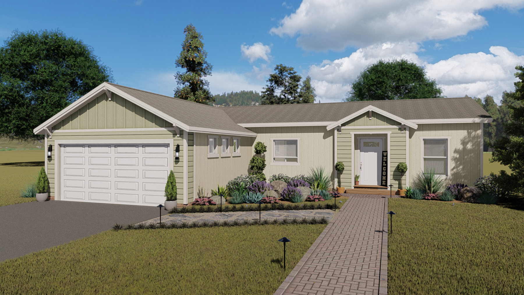 A rendering of a manufactured single-family home