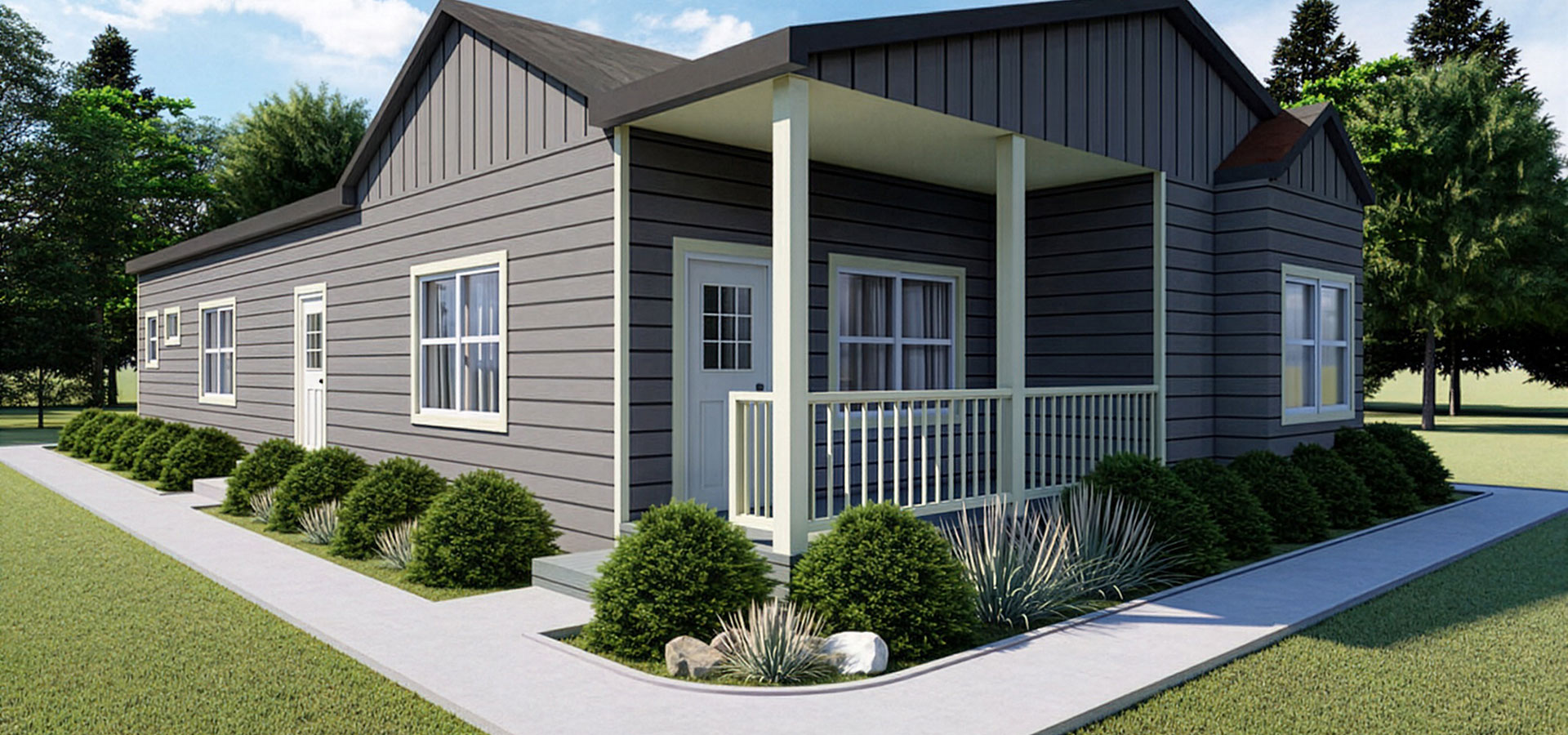 A rendering of a gray single-family modular home